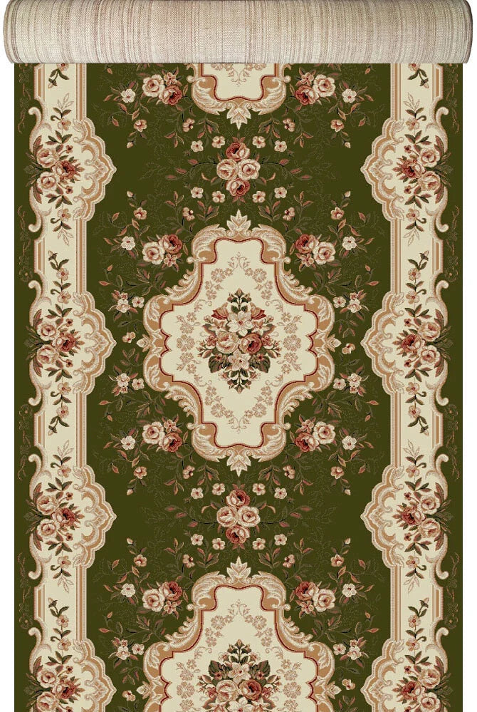 Traversa covor clasica verde florala pentru hol lung design traditional elegant potrivita pentru culoar