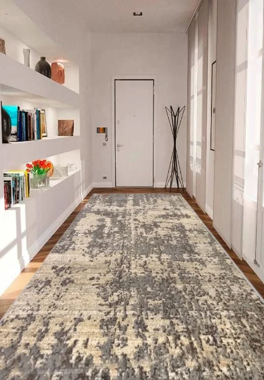 Traversa covor crem gri moderna pentru hol lung cu design abstract elegant