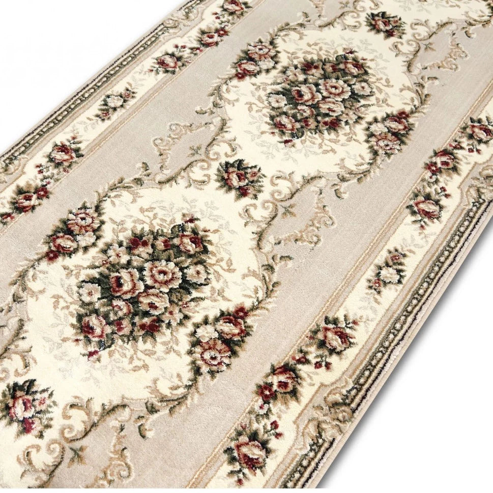 Covor traversa florala clasica crem model Lotos potrivita pentru hol si culoar stil elegant traditional