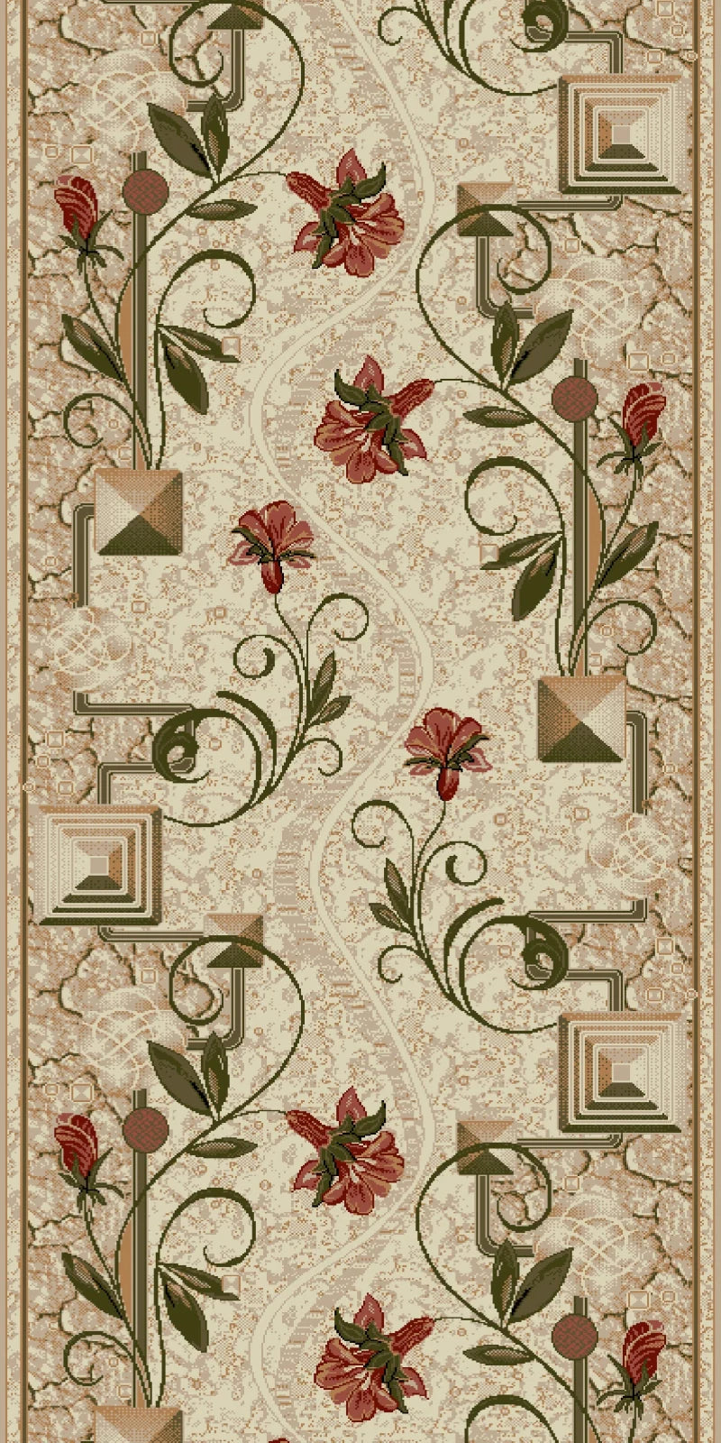 Detaliu model floral traversa covor crem bej, design elegant si decorativ