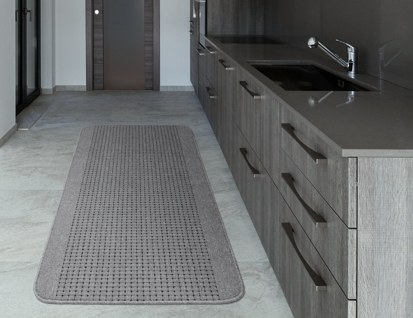 Traversa covor gri antialunecare pentru bucatarie si hol, model modern lavabil