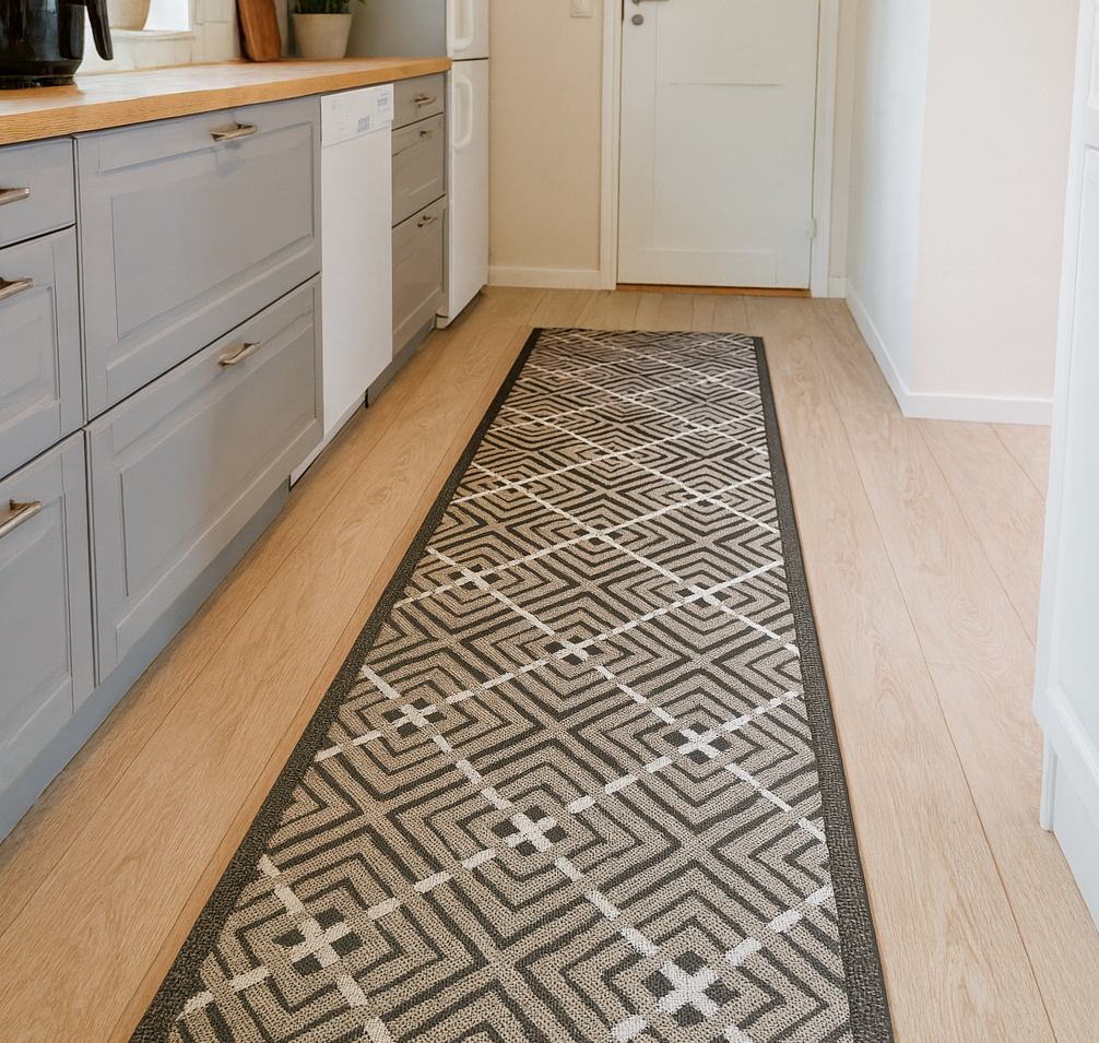 Traversa covor gri pentru bucatarie, model geometric modern, antiderapanta si festonata, amplasata pe parchet deschis