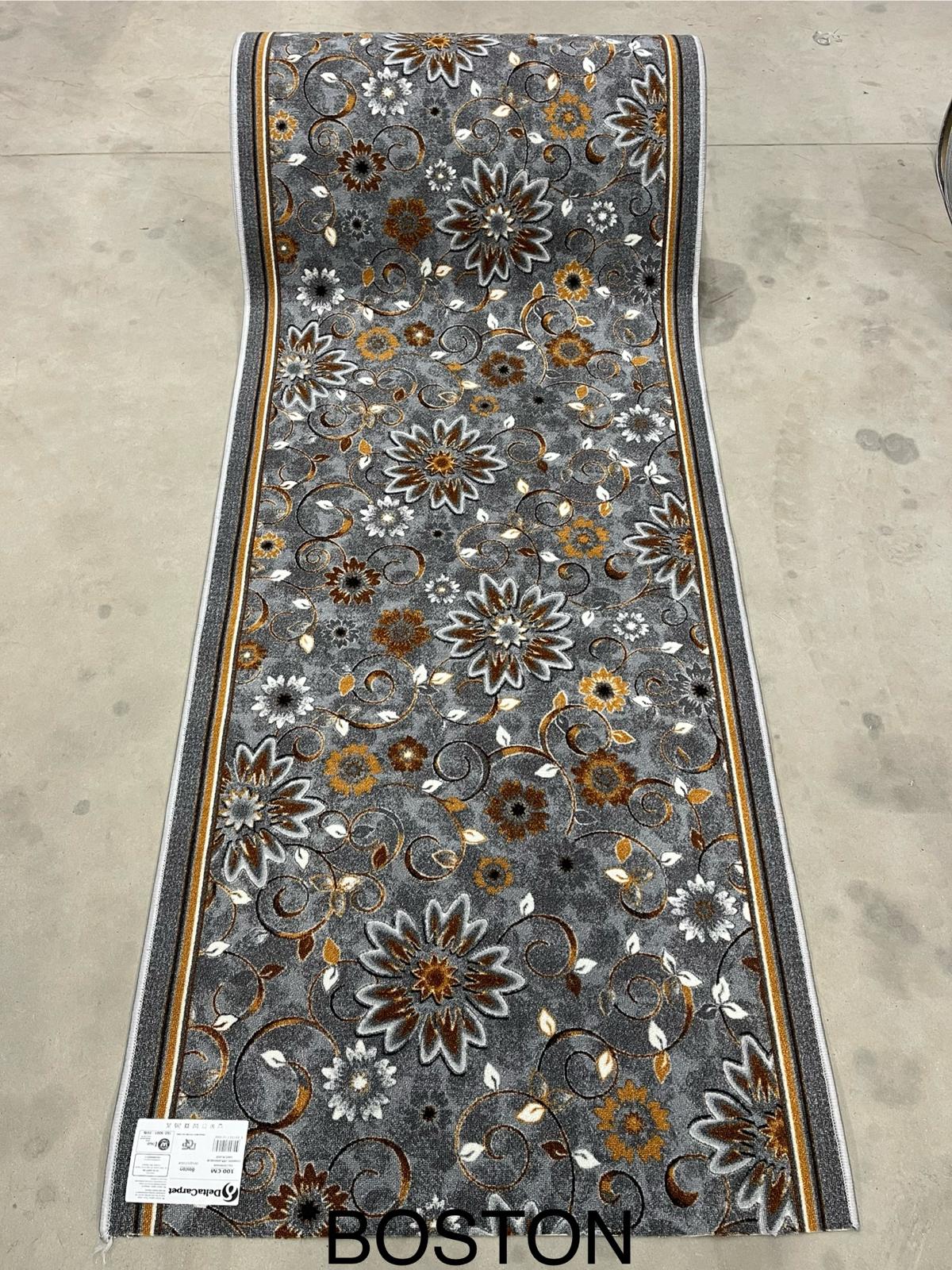 Traversa covor gri floral pentru hol, cu suport pasla, model elegant Boston, ideala pentru trafic intens
