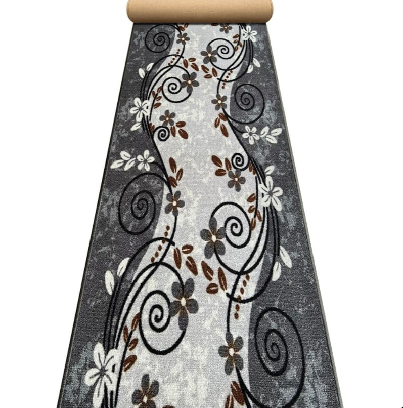 Traversa covor gri floral lunga cu suport pasla, perfecta pentru hol sau bucatarie