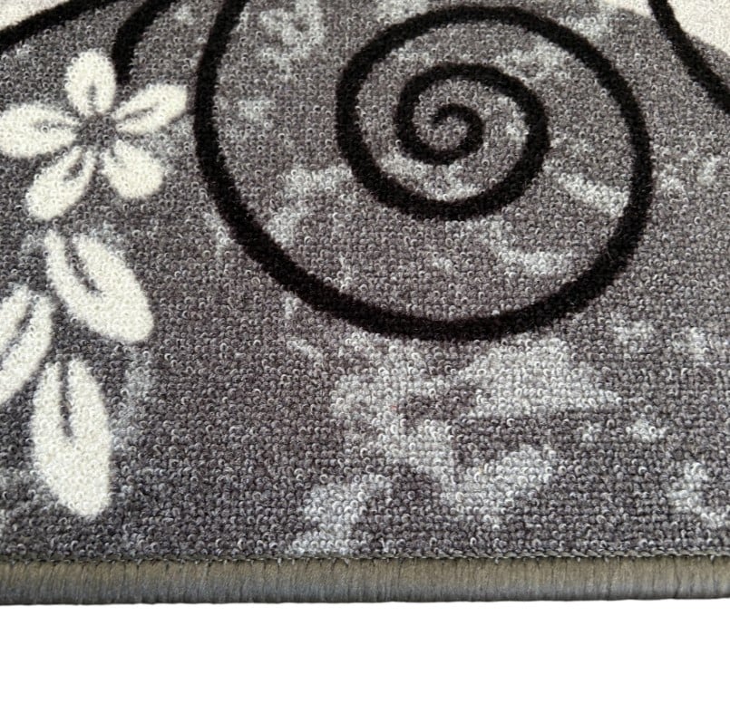 Traversa covor gri floral cu model spiral modern, ideala pentru decor elegant in hol