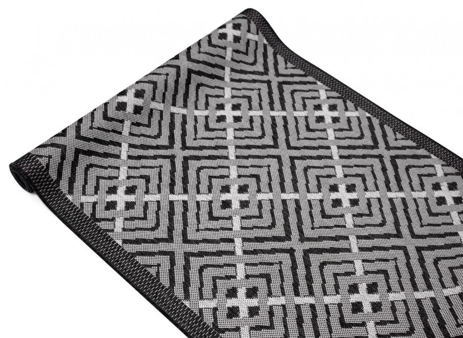 Traversa covor gri model geometric modern pentru bucatarie, festonata si usor de intretinut