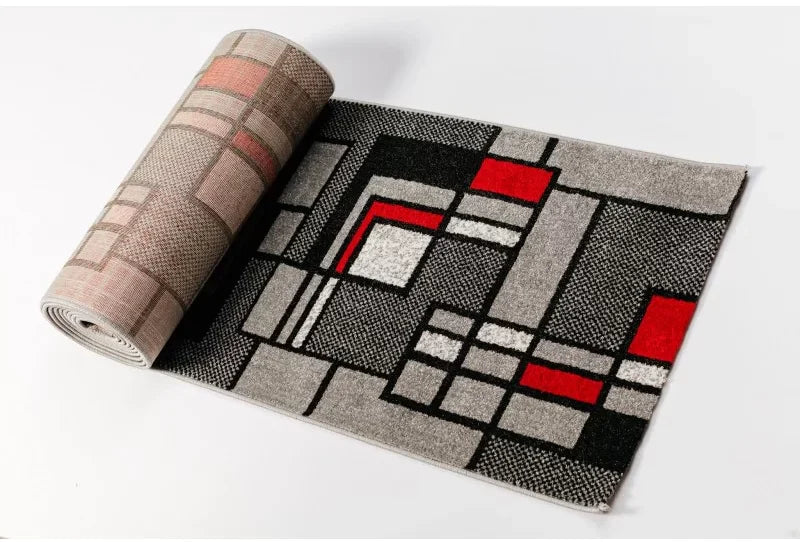 Traversa covor gri cu accente rosii pentru hol si living, design modern geometric