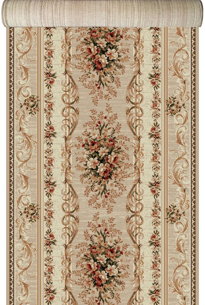 Covor traversa pentru hol clasic crem cu model floral traditional stil elegant