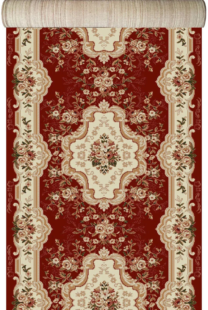 Covor traversa pentru hol clasic grena cu model floral traditional si medalion central