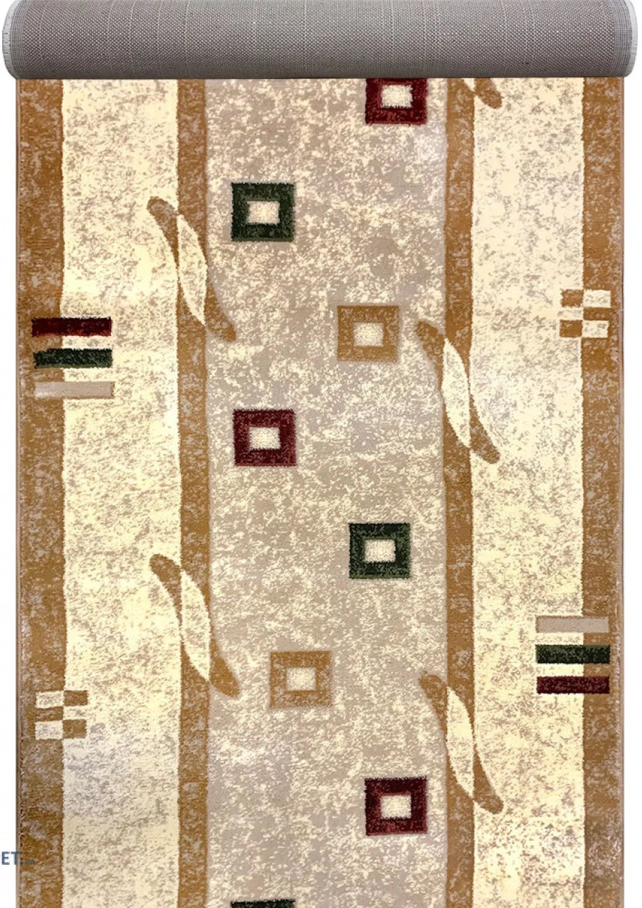 Traversa covor hol lung modern crem bej cu model geometric design elegant potrivita pentru coridor si hol