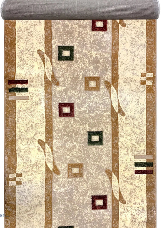 Traversa covor hol lung modern crem bej cu model geometric design elegant potrivita pentru coridor si hol