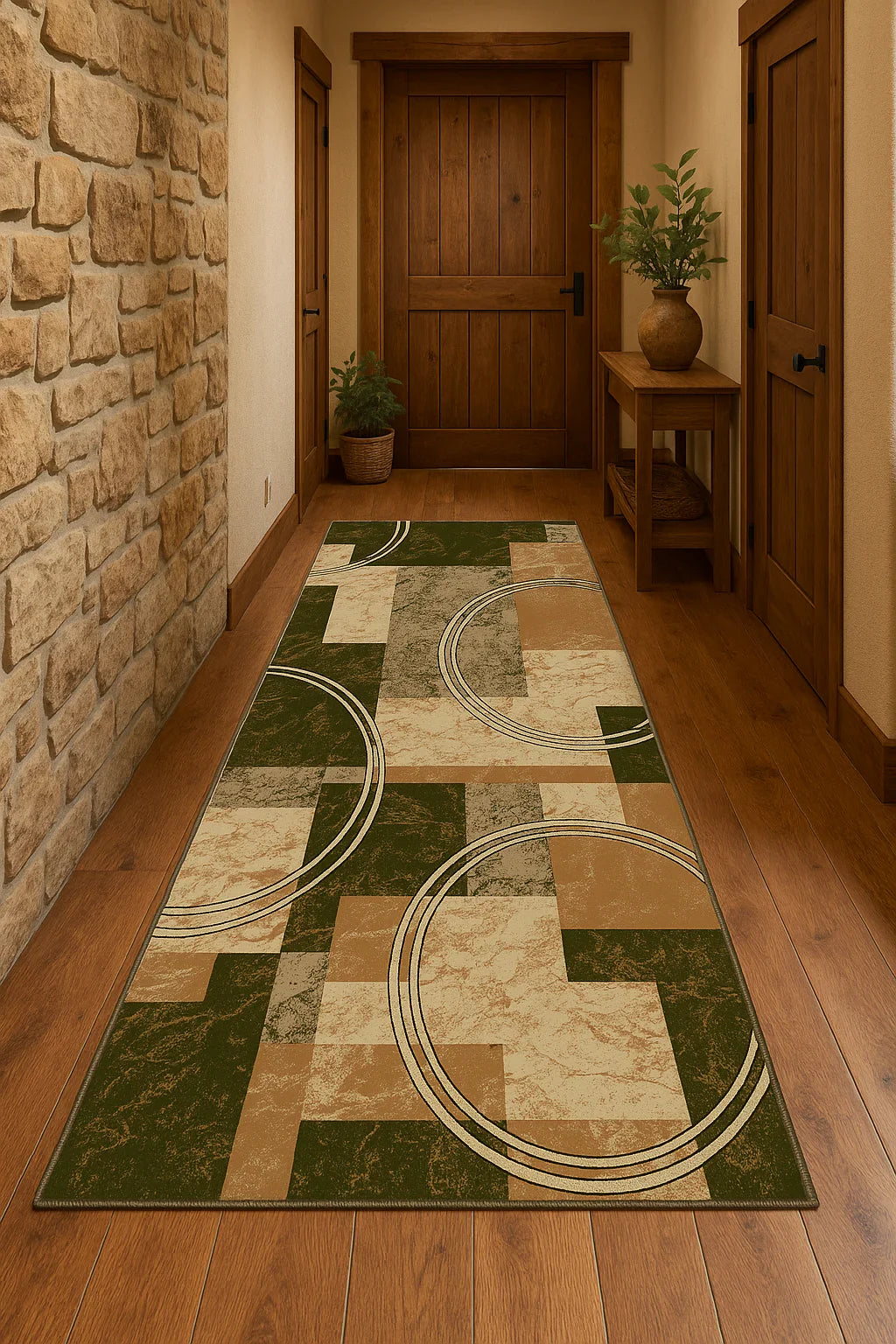 Traversa covor hol lung verde modern cu model geometric ideala pentru hol bucatarie si coridor interior