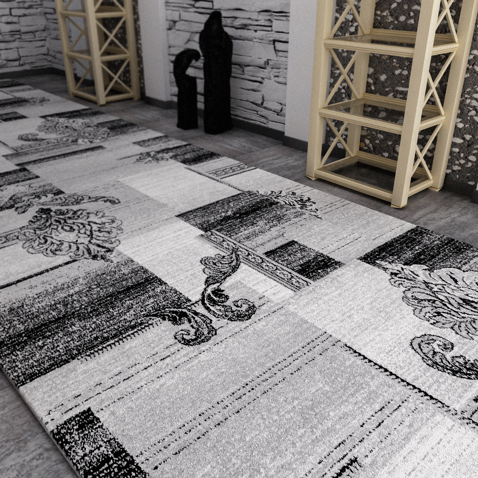 Traversa covor moderna gri pentru hol lung si living cu model geometric elegant