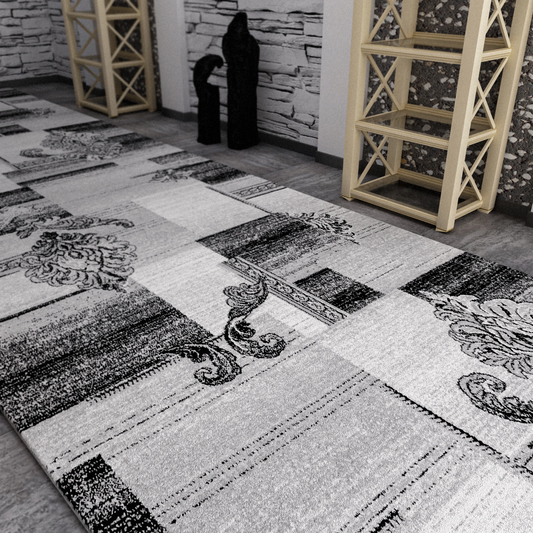 Traversa covor moderna gri pentru hol lung si living cu model geometric elegant