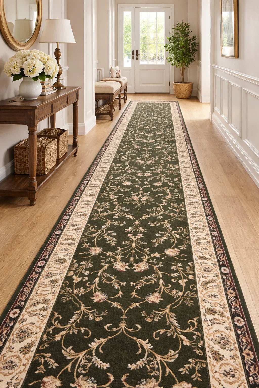 Traversa covor pentru hol verde inchis stil traditional cu bordura crem eleganta