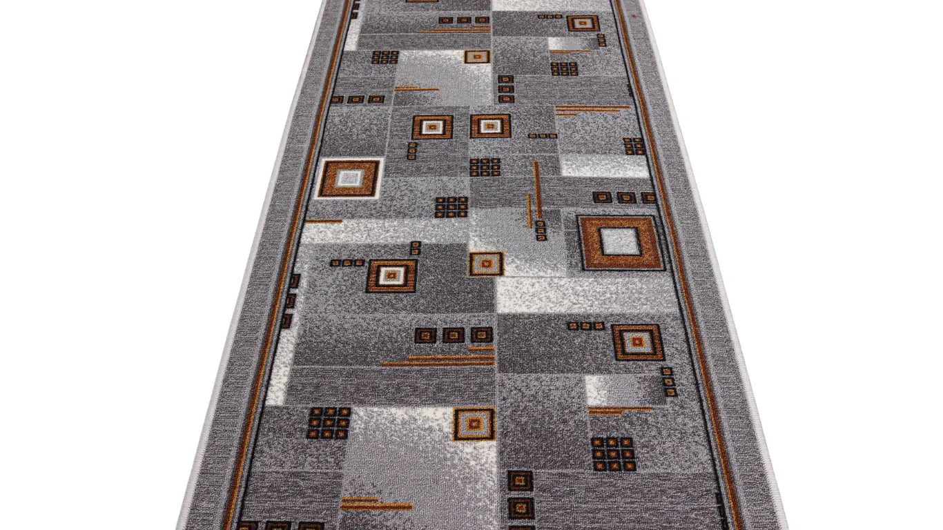Traversa covor lung pentru hol sau bucatarie, gri cu suport pasla si design geometric