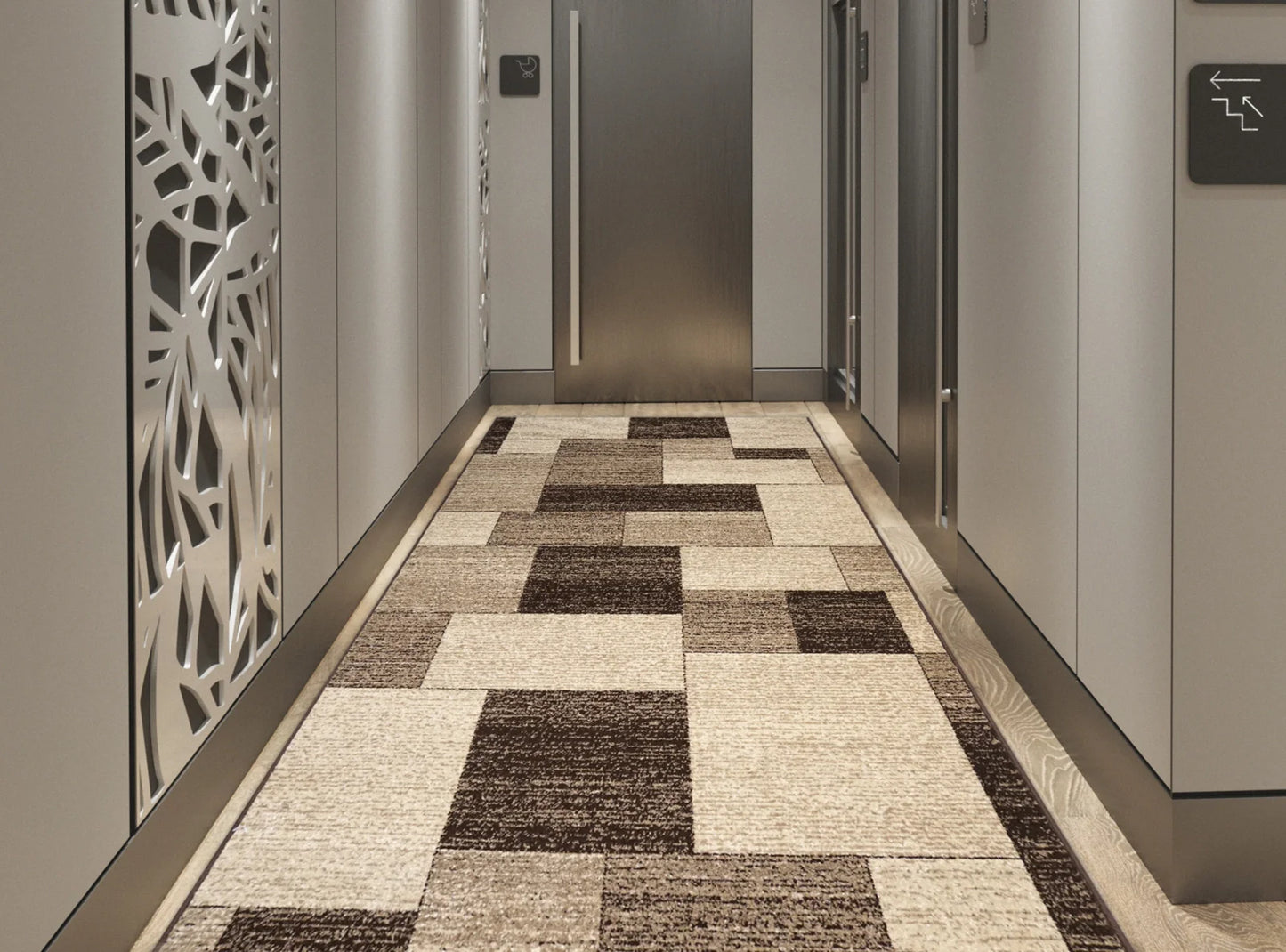 Traversa covor moderna maro bej cu model geometric pentru hol sau living