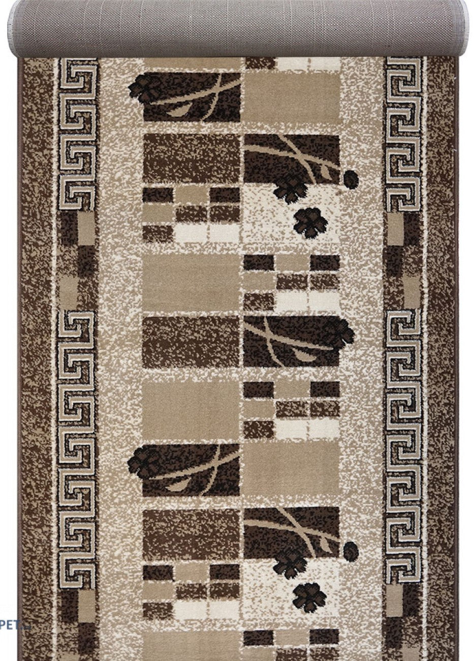 Traversa covor maro bej moderna pentru hol lung cu model geometric decorativ