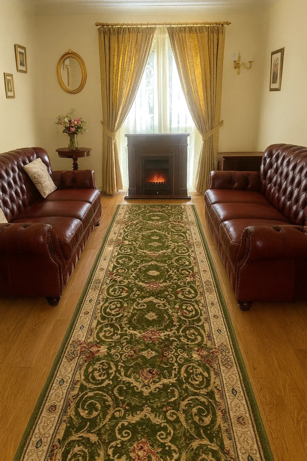 Traversa covor verde clasica pentru hol lung cu model ornamental elegant