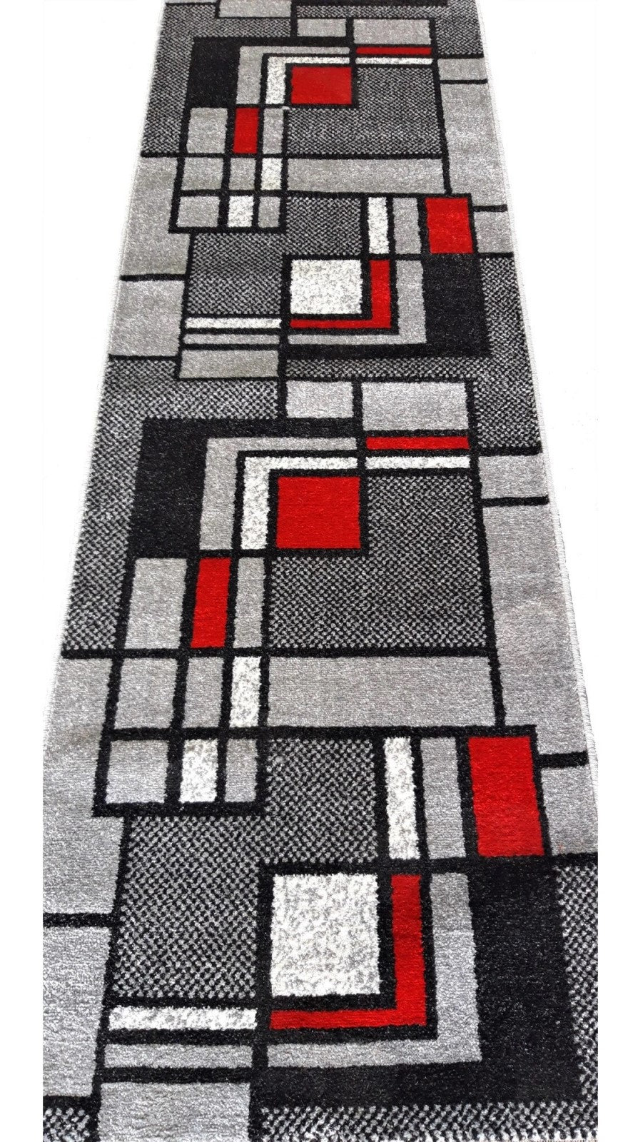 Traversa covor gri pentru hol lung cu model geometric modern si culori contrastante