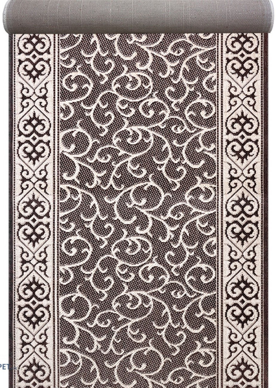 Traversa hol lunga tip iuta maro cu model ornamental, covor bucatarie modern rezistent